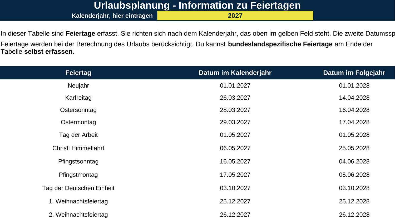 Blatt Urlaubsart und Feiertage mit gelbem Eingabefeld für das Kalenderjahr