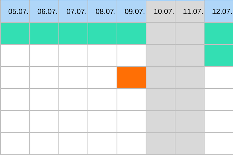 Kalenderausschnitt 5. bis 12. Juli mit einem orangefarbenen Feld am 9. Juli